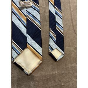 VTG Custom Cravatieur Wide Men Necktie Blue Gold Striped 1970's‎ Disco Retro